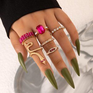 3/$35 NEW 6 Stacked Joint Knuckle Finger Ring Set Pink Diamond Gemstone Snake